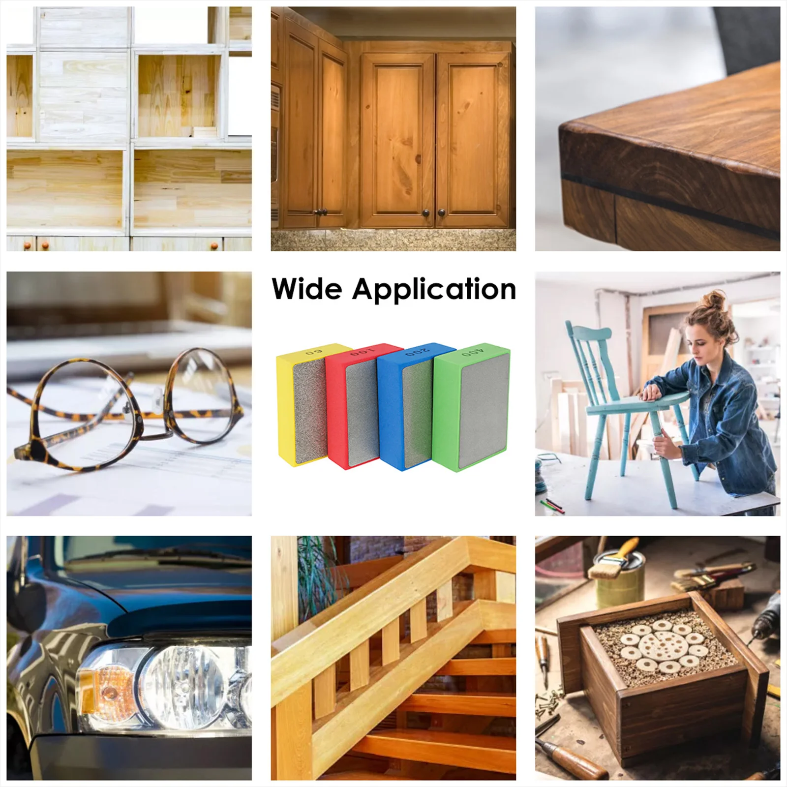 4Pcs Reusable Sanding Block Kit Diamond Hand Polishing Pads Wet Dry Sanding Block Sponge Backing 60&100&200&400 Grit for Glass