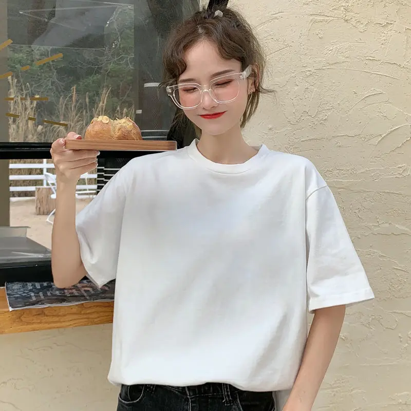 

Women Oversized White Short Sleeved T-shirt Summer Solid Loose Casual Street Hip Hop Top Ins Style Instagram Europe and America