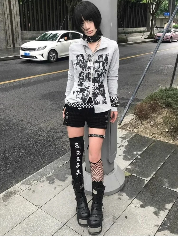 HOUZHOU Harajuku Grunge Zipper Sweatshirts Vintage Y2k Gothic Print Long Sleeve Tops Punk American Retro Streetwear Sweatshirts