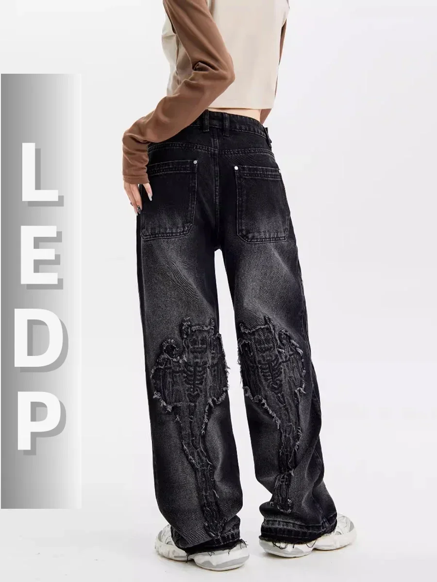 IMU Goth Black Bat Patchwork Baggy Jeans Women Vintage Wash Adjust-waist Wide Leg Casual Denim Pants Harajuku Y2k Clot