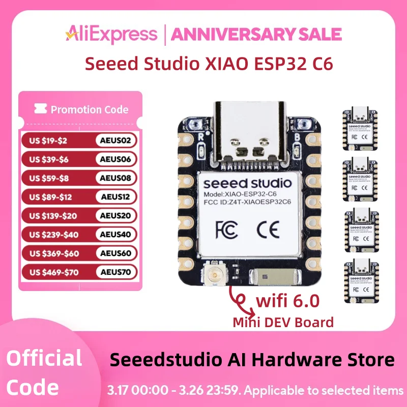 ESP32C6 mini development board XIAO esp32 c6-2.4 GHz WiFi6,BlE5.3,Zigbee Thread (802.15.4)ESP Rain Maker,AWS IoT,Microsoft Azure