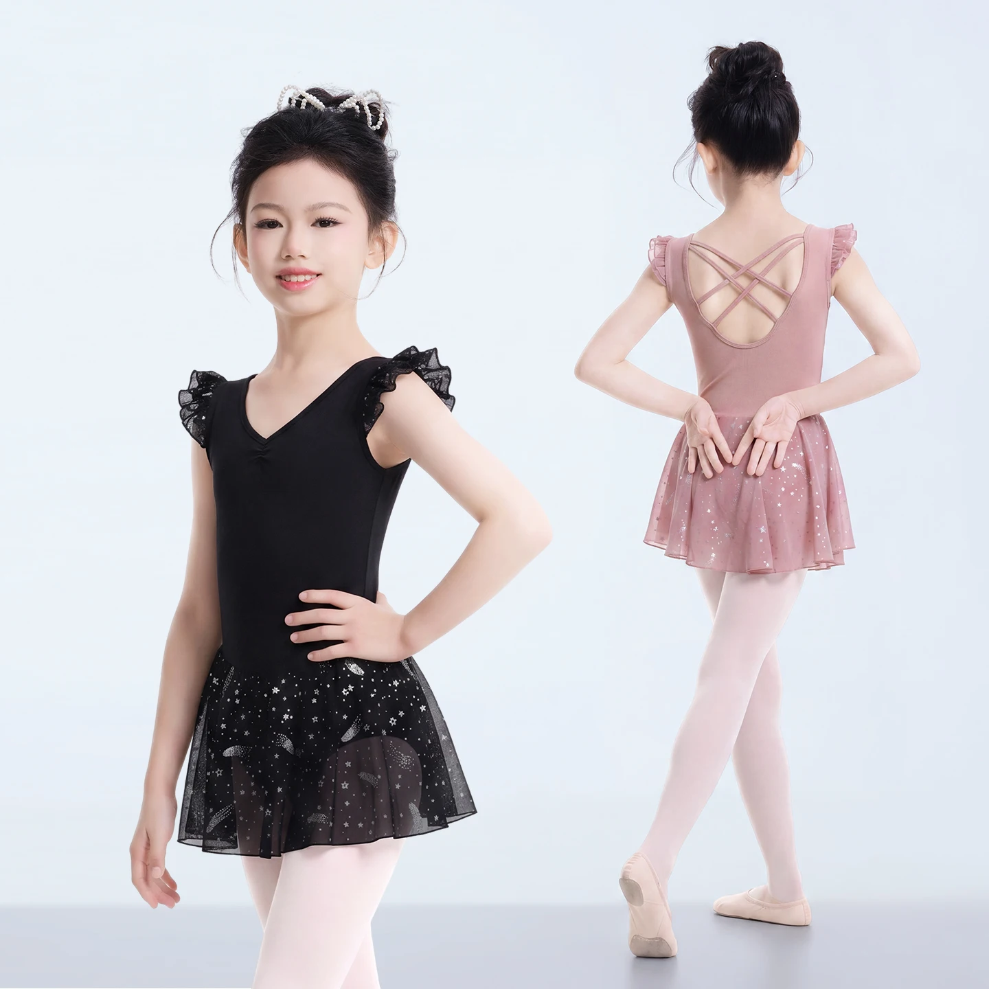 Girls Flutter Sleeve Ballet Dress Cross Back Dance Leotard with Sparkle Sequins Chiffon Tutu Skirt Gymnastics Dance Costume
