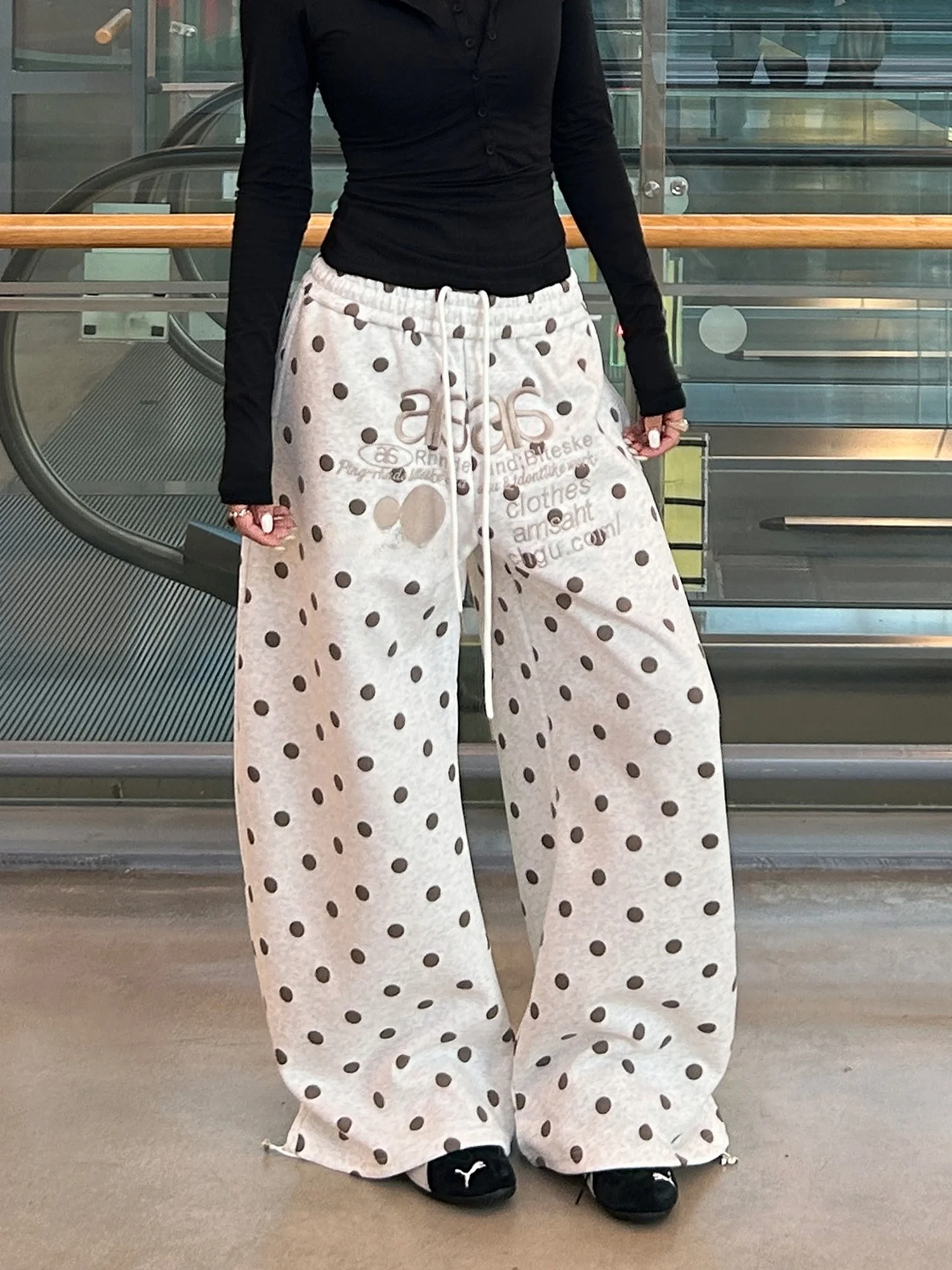 

Американские ретро-брюки с вышивкой в горошек и буквами, свободные, широкие, универсальные, повседневные, для женщин