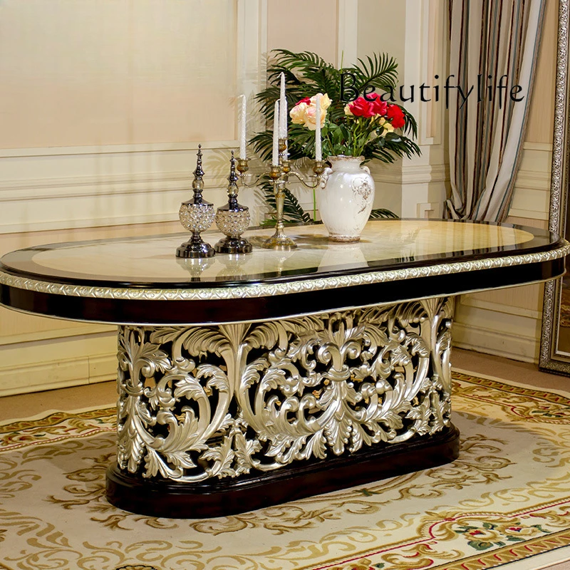 dining table solid wood carving flower silver surface inlaid shell oval large dining table leather dining chair combination