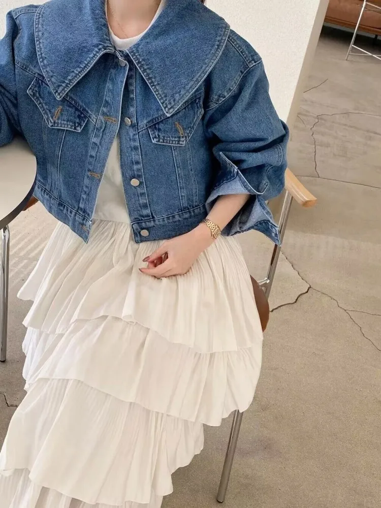 3color Chic Jeans Jackets for Women 2023 New Long Sleeve Peter Pan Collar oversized Denim coats Vintage Casual Crop Jacket(XH820