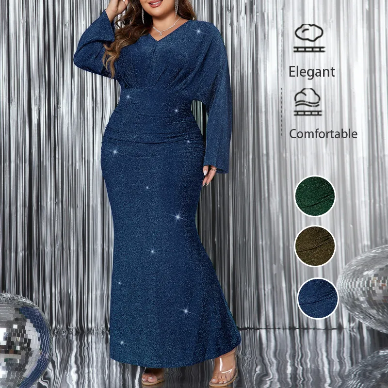 Wish Sexy Long Sleeve V-Neck Fish Tail Evening Gown Flashing High Waist Long Dress Casual Style Polyester Knitted Waist Cinched