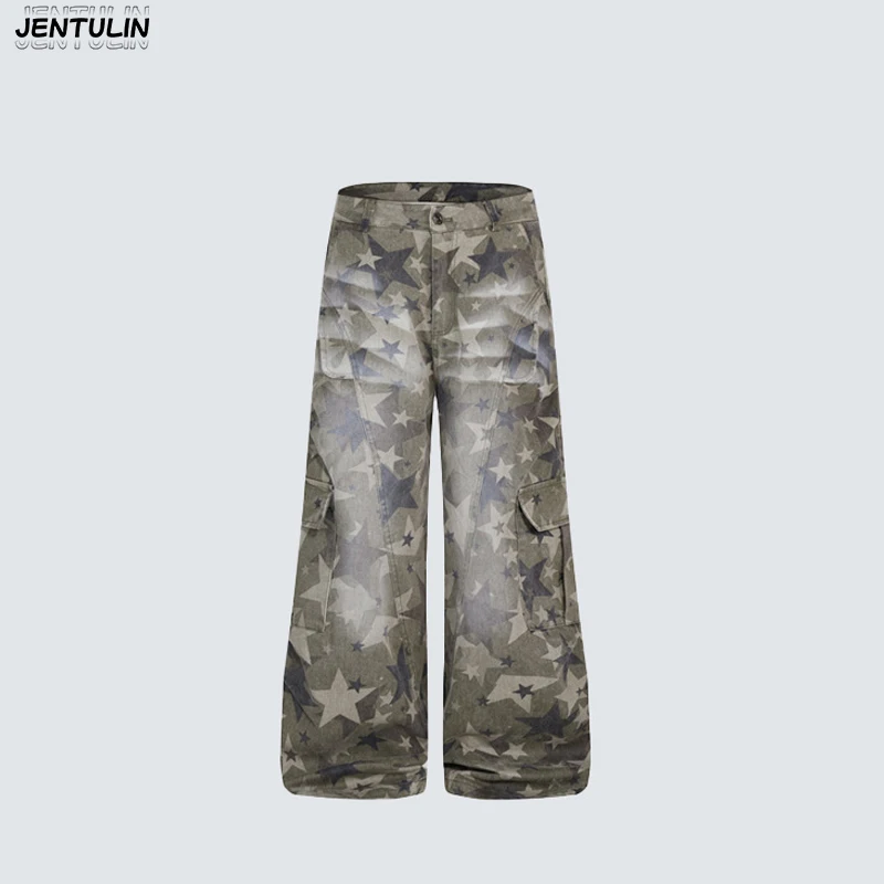 American Washed Distressed Work Pants With Star Print Multiple Pockets Loose Wide Leg Pants Casual Jeans For Men Women Y2k