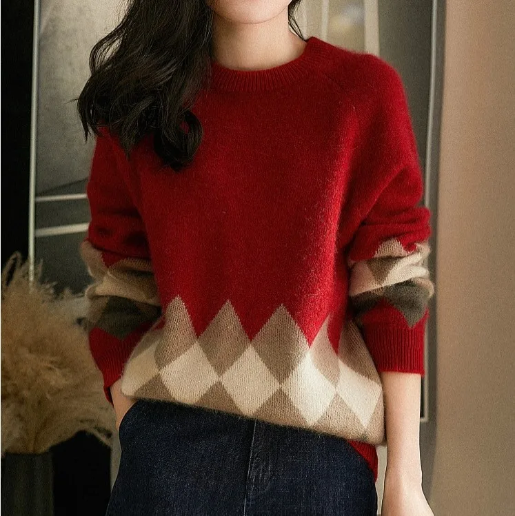 

Зимний свитер больших размеров, круглый, повседневный, женский трикотаж с ромбовидным узором, большой код, модный уличный топ