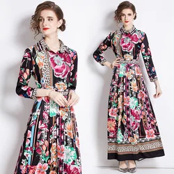 2024 Autumn New Silk European and American Ethnic Style Loose Flower Printed Dress Polo Collar Leopard Pattern Knee length Skirt
