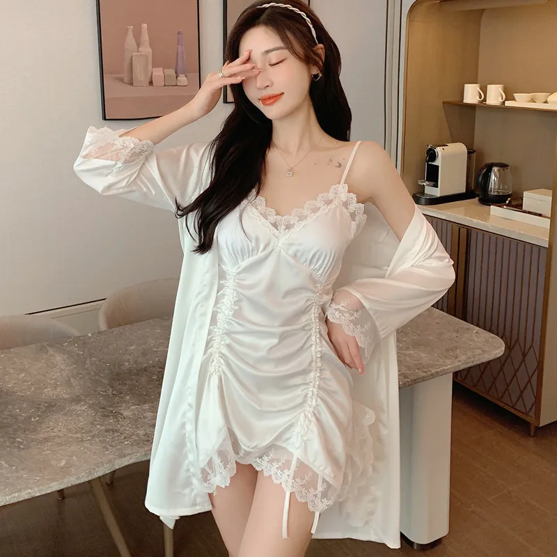 2Pcs Lace Robe Set Sexy Womens Sleepwear Nightgown Loungewear Satin Kimono Bathrobe Gown Nightdress Summer Lounge Wear