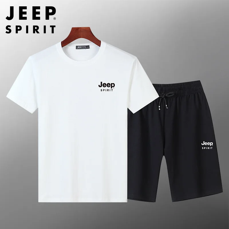 Jeep spirit verão 100% algodão ao ar livre lazer esportes terno masculino respirável camiseta + calções de moda alta qualidade conjunto de duas peças