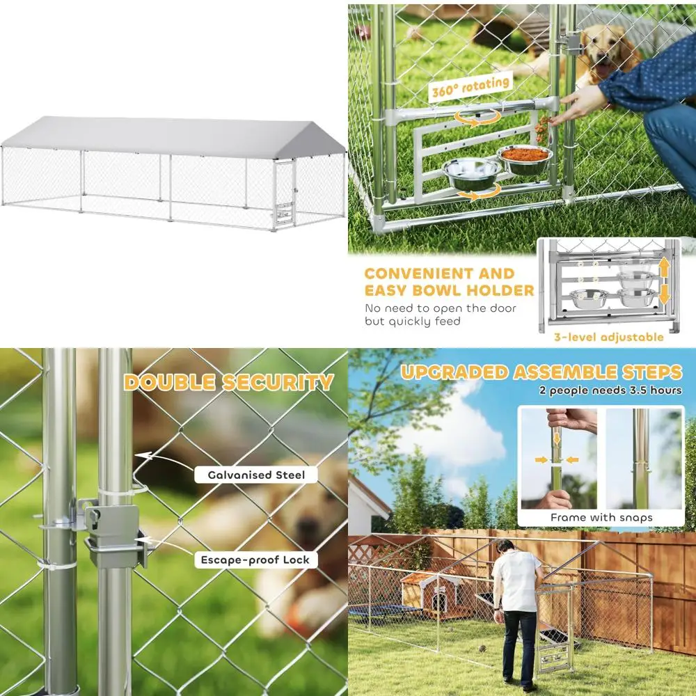 

Сверхмощная большая уличная питомник для собак 20x7,5x5,2 фута, водонепроницаемая стойка для миски на крыше, оцинкованная цепь