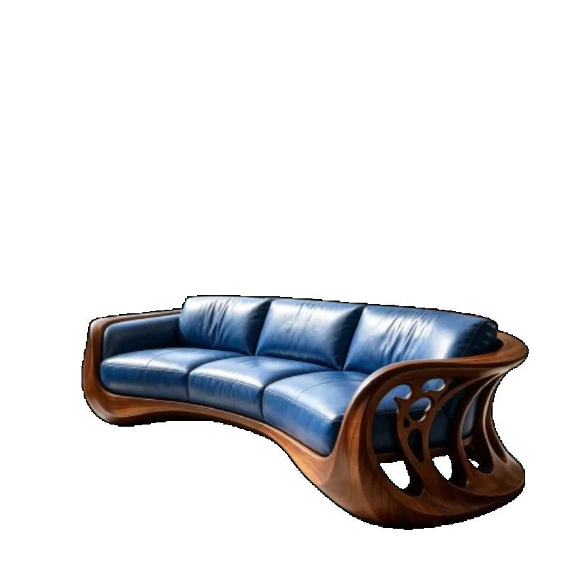 & Aesthetics New Chinese Style Solid Wood Living Room Sofas Blue 2 Seater Double Armchairs Couch High-end 3 Seater Home Furnitur