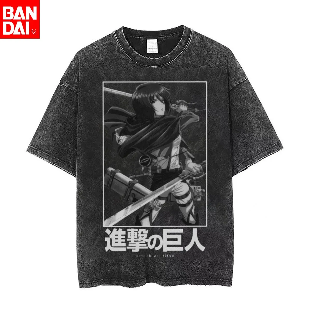 Attack on Titan Mikasa Ackerman Monochrome Vintage Washed T-Shirt 26 Sommer Oversized Streetwear Anime Grafik-T-Shirt für Männer und Frauen