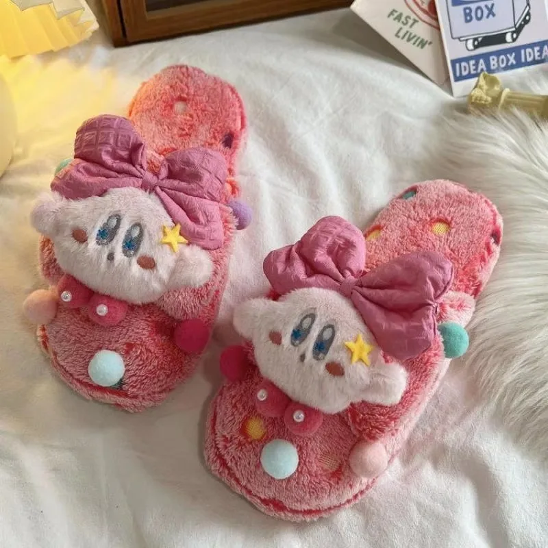 Kirby Cute Fluffy Slippers Women Plush Indoor Home Shoes Fall Winter Warm Bedroom Slippers for Girls Non Slip Floor Flat Slides
