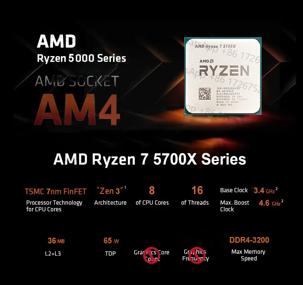 AMD Ryzen 7 5700X New R7 5700X 3.4 GHz Eight-Core 16-Thread CPU 7NM L3=32M 100-000000926 Socket AM4 but without cooler