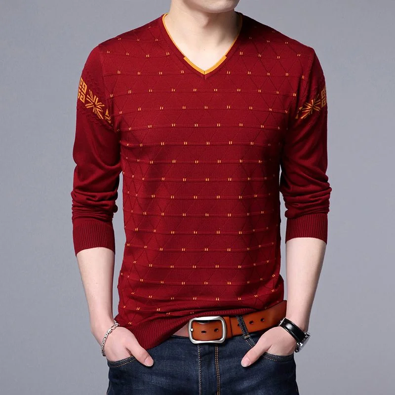 

Men's V-neck Sweater Men's Thin T-shirt Solid Color Loose Base Shirt Long Sleeves