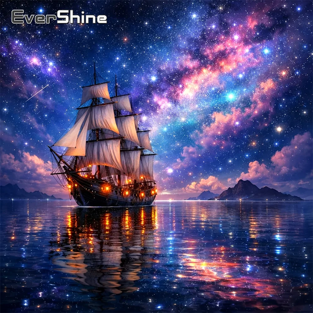 EverShine DIY Diamantmalerei Landschaftsbild Strass-Mosaik Boot Vollquadratische Stickerei Sternenhimmel-Set Wandkunst