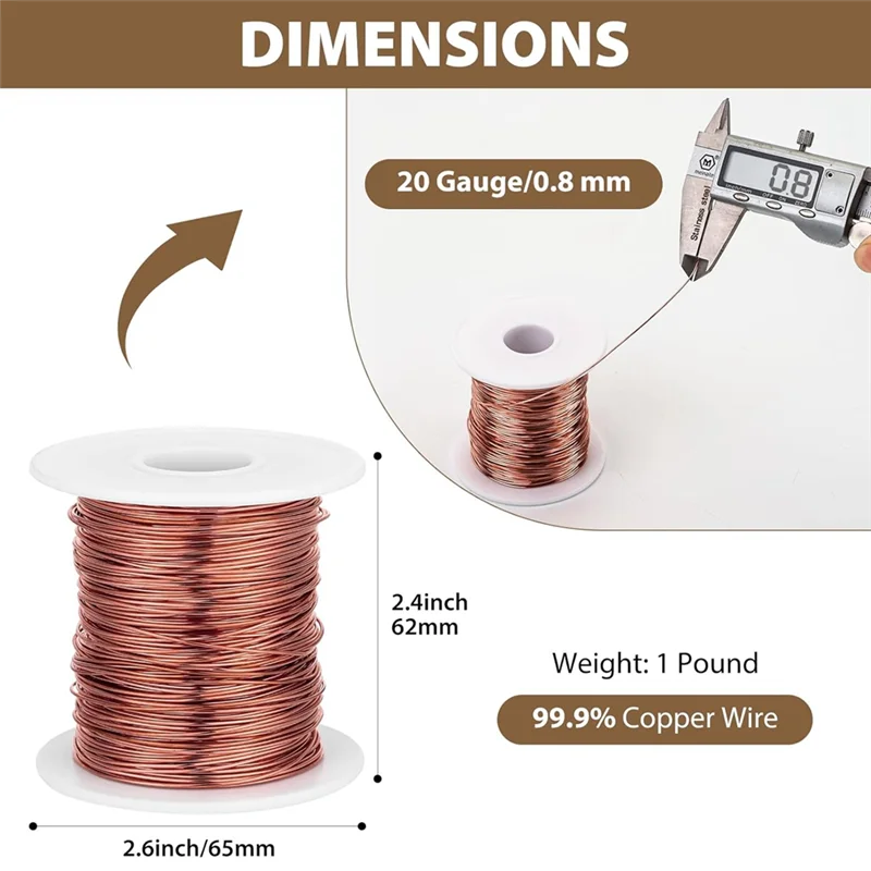 Fil de cuivre souple morts à 99.9%, calibre 20/0,8 Mm de diamètre, 328 pieds/100 M, bobine de 1 livre, fil de cuivre pur facile à utiliser