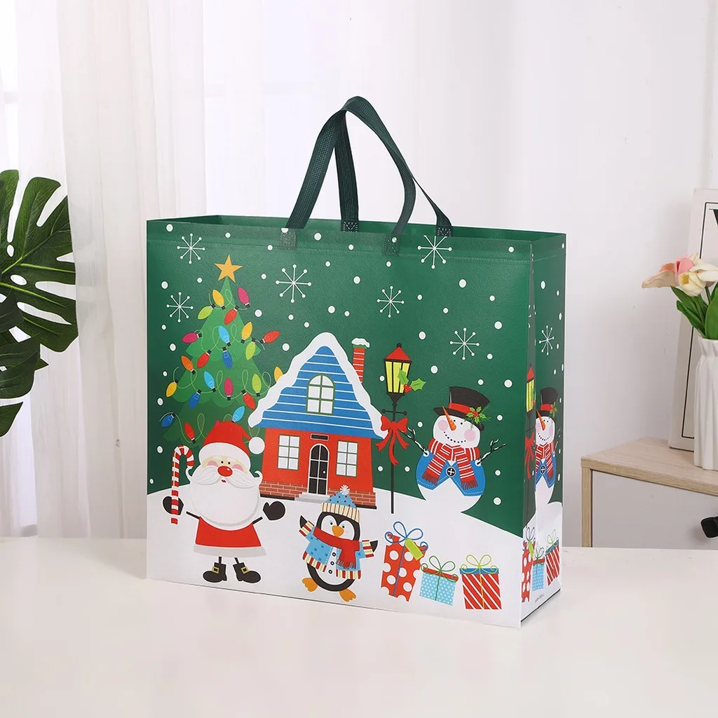Christmas Shopping Bags Extra Large Non Woven Reusable Grocery Tote Bag Santa Claus Snowman Print Handbag Xmas Market Shopper