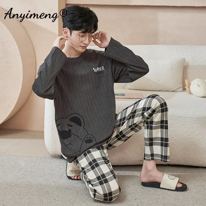 L-3XL Men Pajamas Autumn Winter Knitted Cotton Loose Size Sleepwear Full Length Pijamas Cute Bear Printing Nightwear for Man