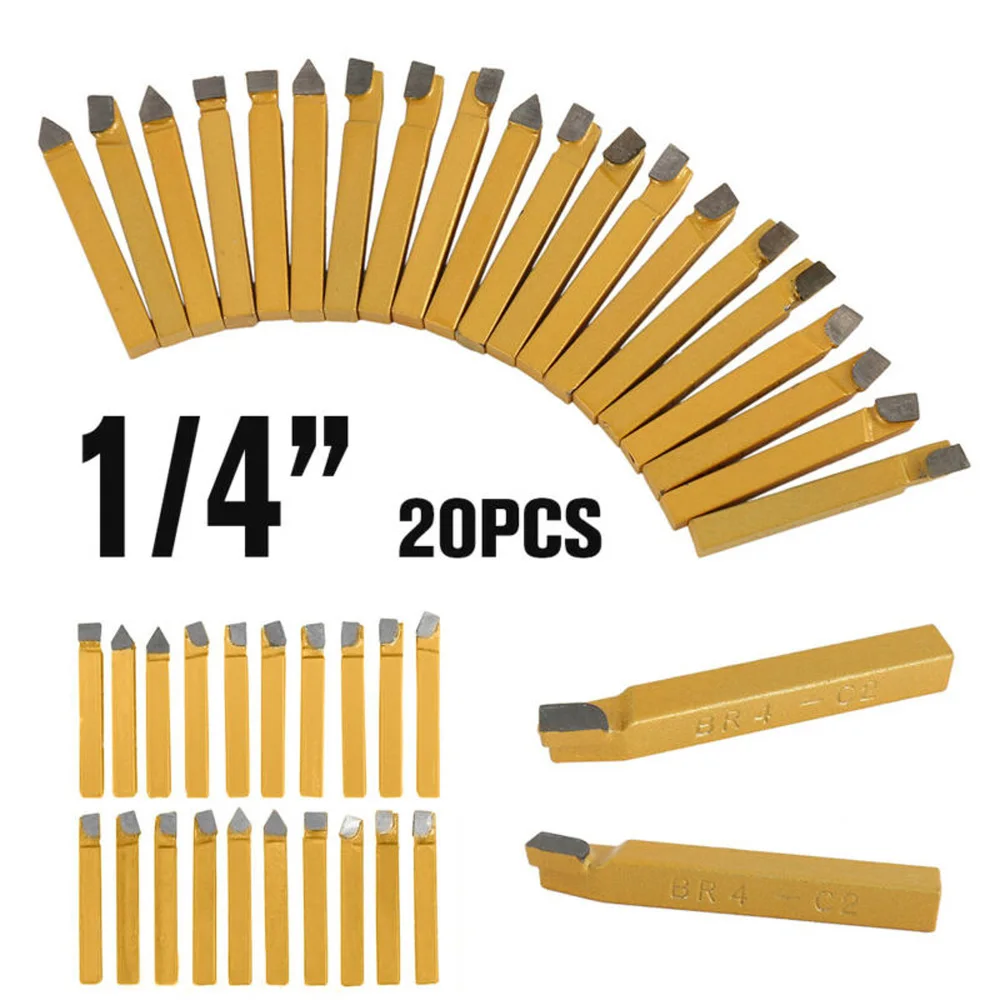 20Pcs 1/4 Inch Carbide Tipped For Lathe Tool Bits Set C2 For C6 Grades For Metal Steel Alloy Cutting And Turning CNC Machining