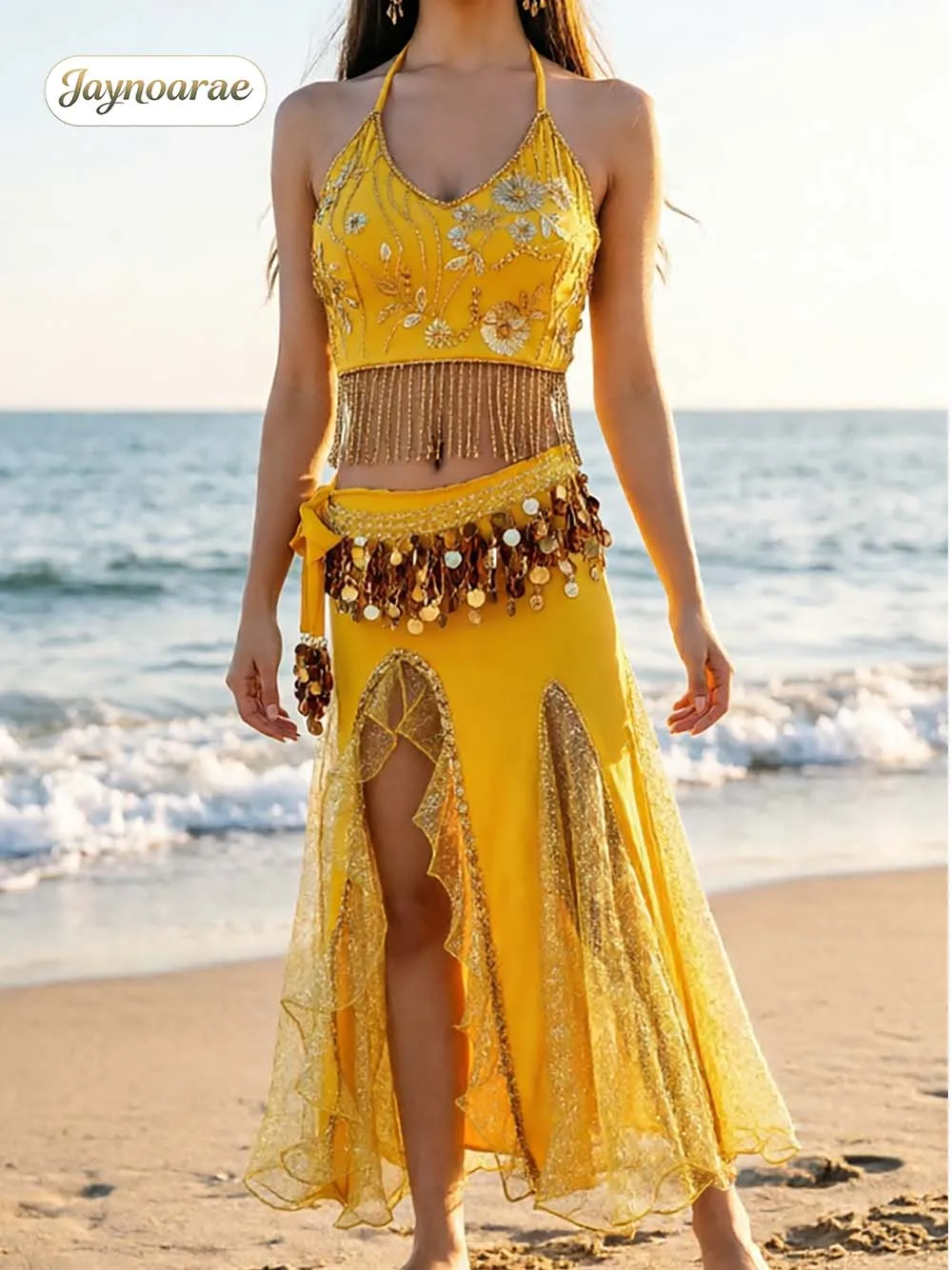 JAYNOARAE 3-Piece Belly Dance Set Sequin Fringe Halter Crop Top & Chiffon Split Skirt with Belt for Halloween Stage Performance