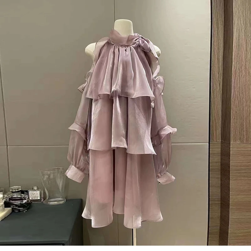 

Halter Neck Ruffled Loose Waist Pullover Dress Elegant Wood Ear Edge Off-Shoulder Flesh-Covering Layered Floral Design Dress