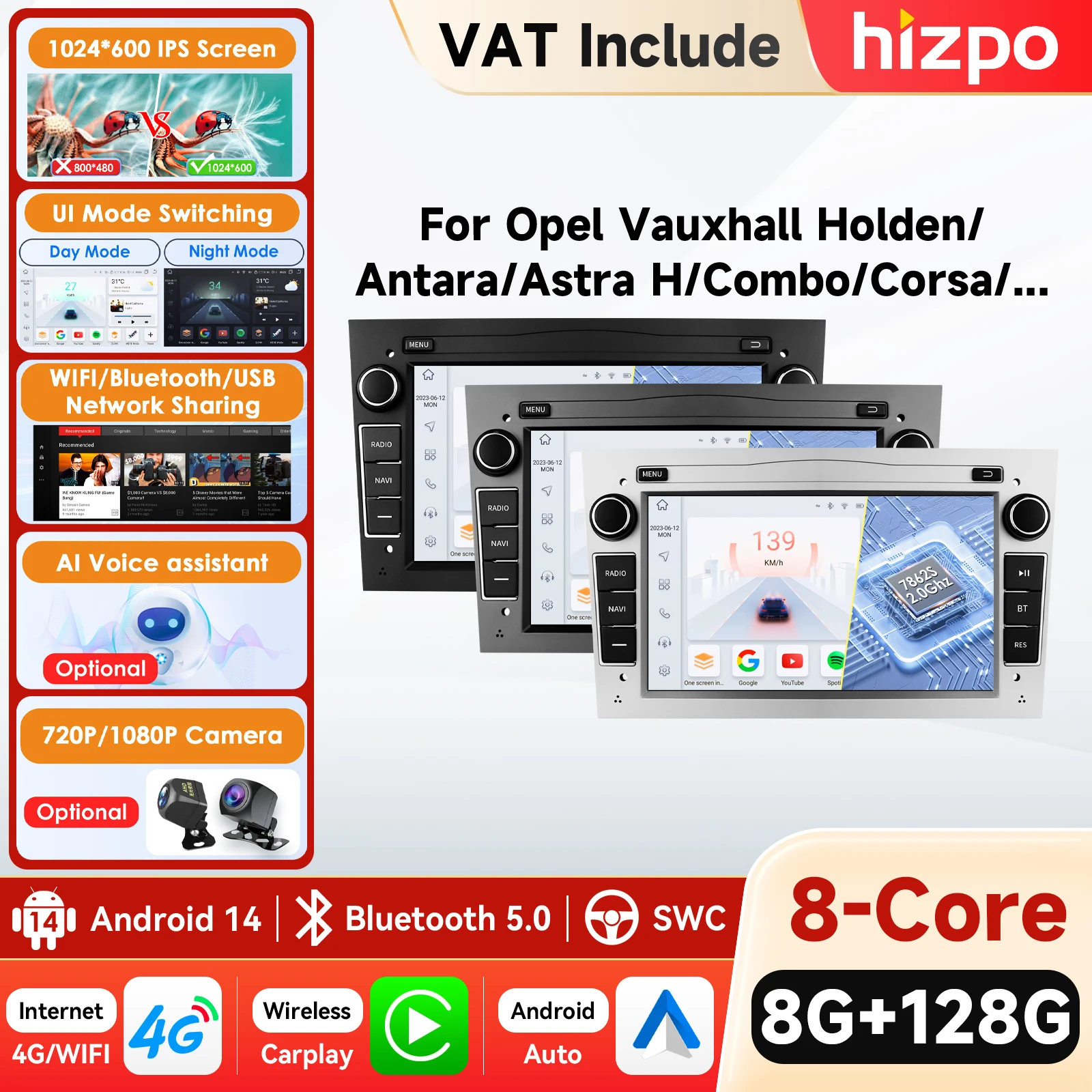 Hizpo CarPlay Android Auto Radio pour Opel Astra H J Vectra Vauxhall Antara Zafira Corsa C D Vivaro Meriva Veda voiture Autoradio GPS