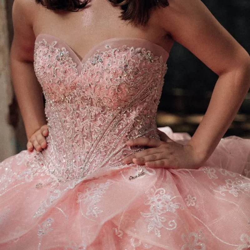 

Shiny Pink Quinceanera Dress off-shoulder sequins Crystal Decal Lace layering Long tail Vestidos De 15 Quinceanera ﻿Customize