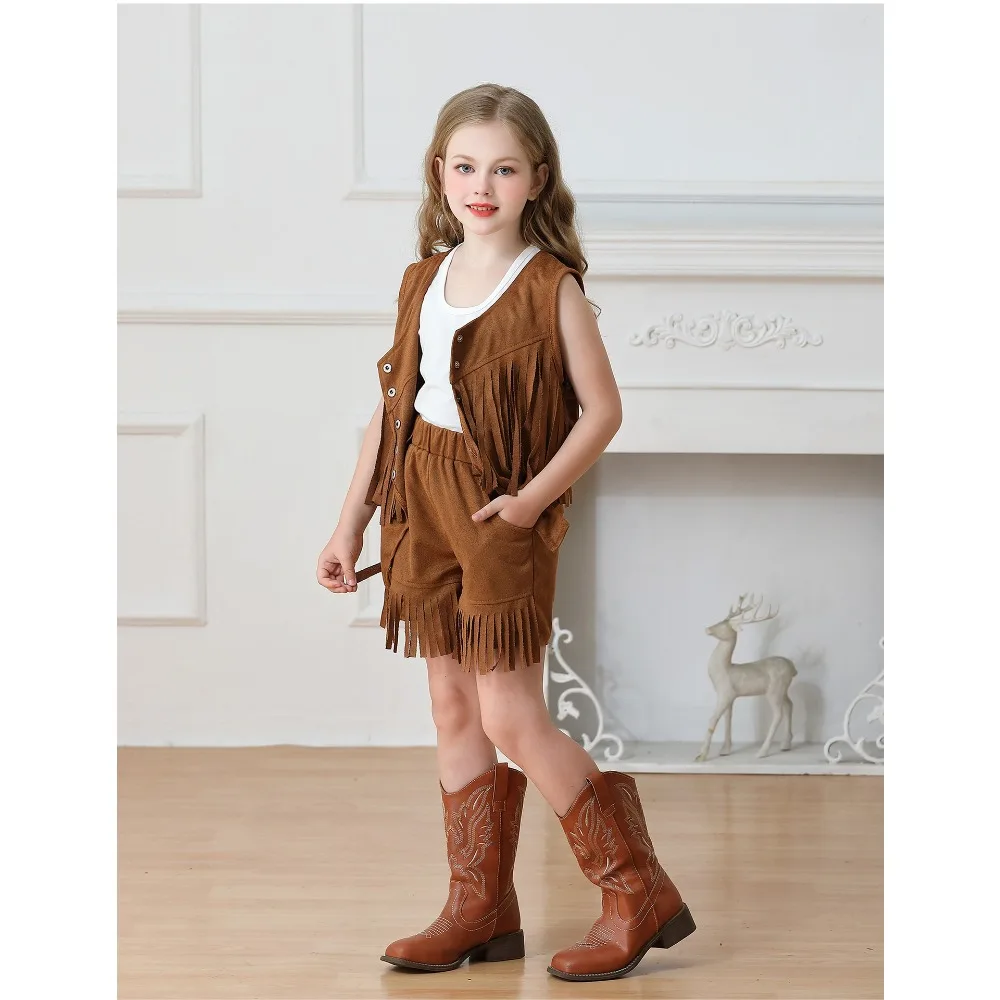 2pc Children Western Cowgirl Fringe Outfit Sleeveless Tassel Vest Shorts Suit Kids Halloween Theme Party Cosplay Fancy Dress