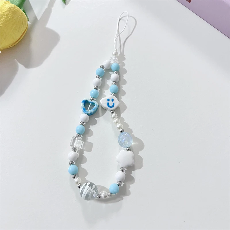 Korean Love Heart Clouds Phone Chain Cute Sweet Beaded Phone Lanyard Keychain Wristband Mobile Phone Rope Earphone Case Charm