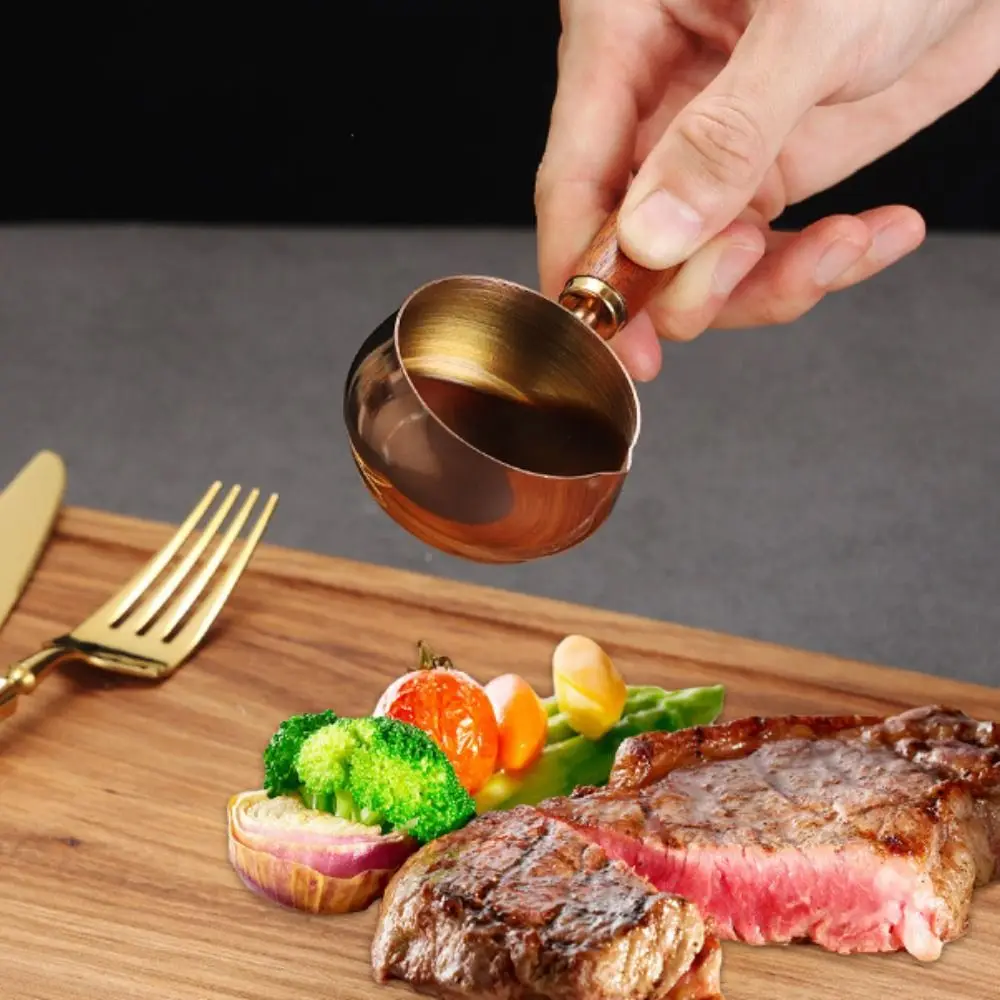 304 Stainless Steel Sauce Pan Wooden Handle 60ml/120ml/180ml Seasoning Cup Reusable Measuring Spoon Steak