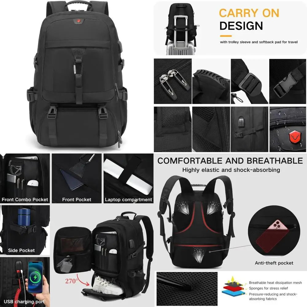 

Рюкзак для путешествий объемом 60 л с USB-портом для колледжа, вмещает ноутбук 17 дюймов, унисекс, черный