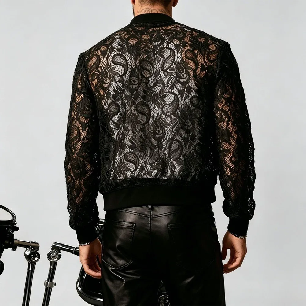 Men's Sheer Lace Jackets Long Sleeve See Through Coat Zip-Up Outerwear Sexy Transparent Hollow Out Shirt Tops