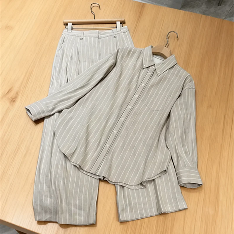 

Женский комплект: новая полосатая рубашка из хлопка и льна с широкими брюками на раннюю весну