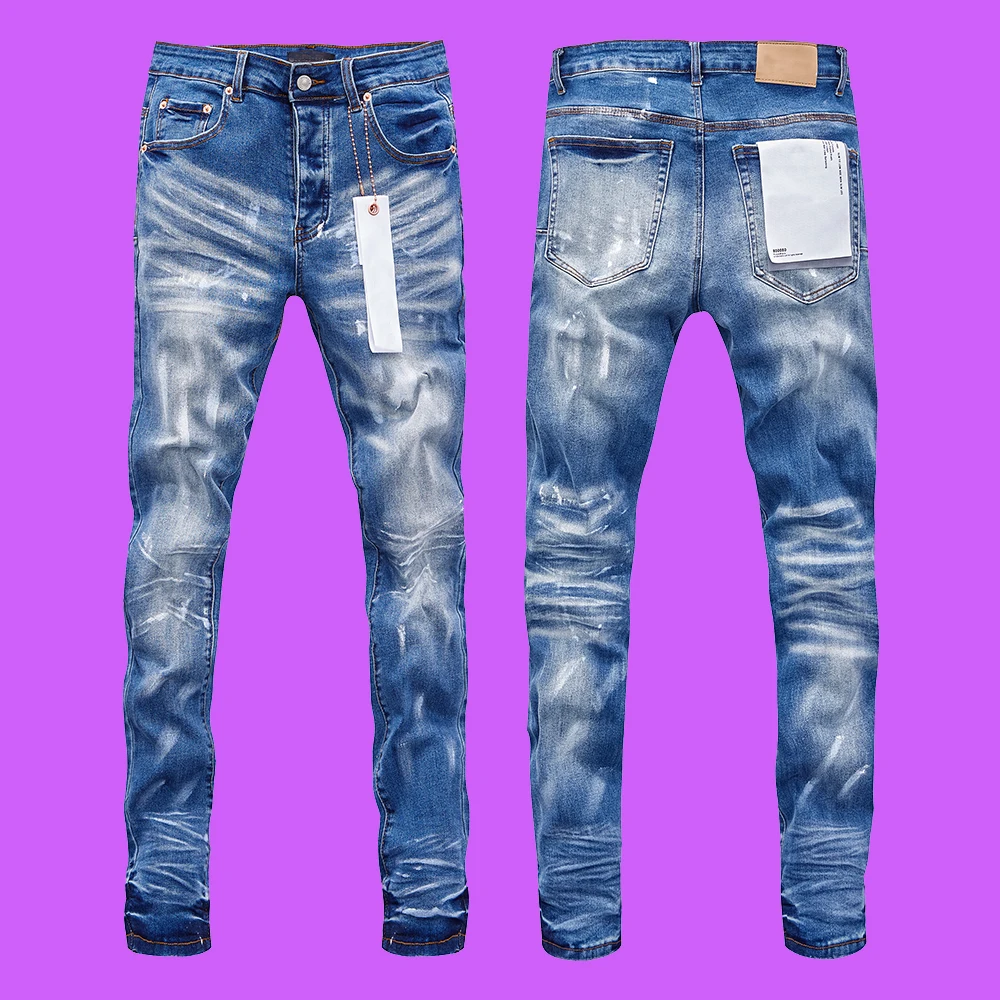 

2024 Fashion Purple ROCA Jeans Men brand American High Street Indigo Repair Bleach Gradient Low Rise Skinny Men's Jeans PANTS