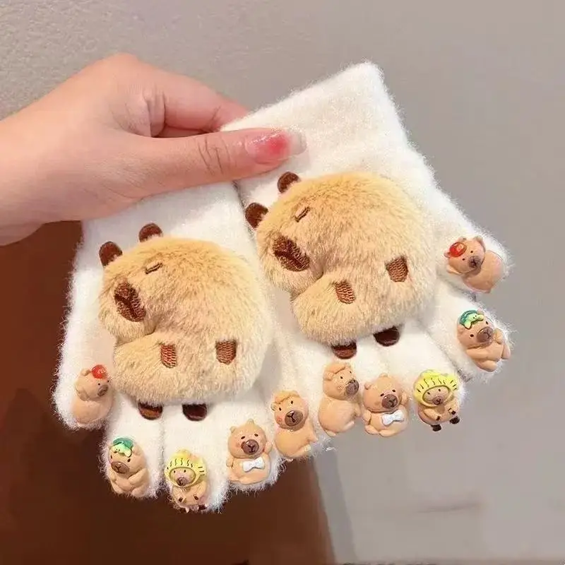 

Winter Children Gloves 3D Capybara Plush Gloves Five Finger Cold-proof Gloves Outdoors Thick Warm Gloves For Boys Girls