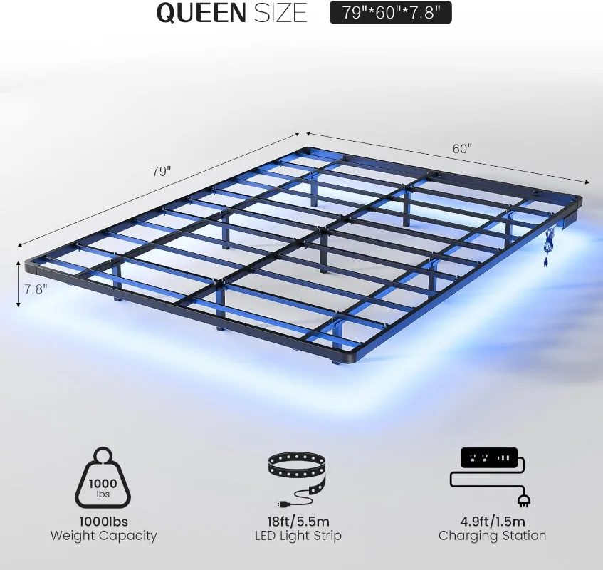 Estrutura de cama queen size com luzes LED inteligentes e estação de carregamento - cama moderna com plataforma de metal, fácil montagem, sem necessidade de molas