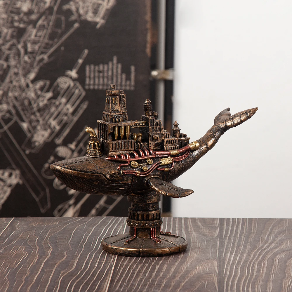 1pc Deep Sea Mechanical Fish Whale Colourful Resin Statue Ornament Steampunk Style Home Decoration Decorative Crafts  sculpture