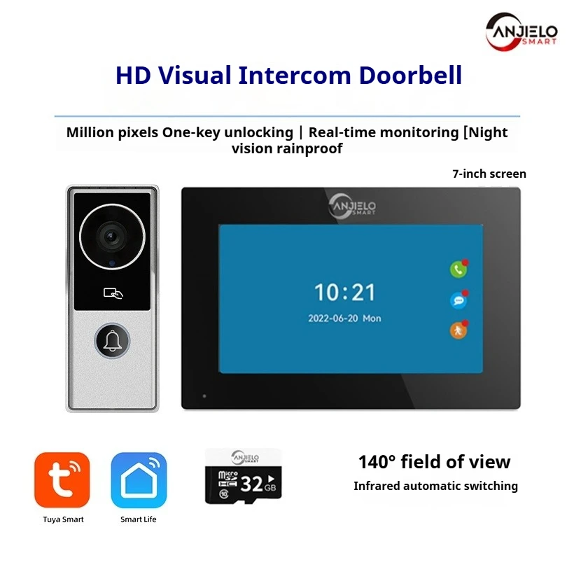 

7-дюймовый двусторонний голосовой беспроводной видеодомофон высокой четкости с сенсорным экраном, камера мониторинга, умная разблокировка