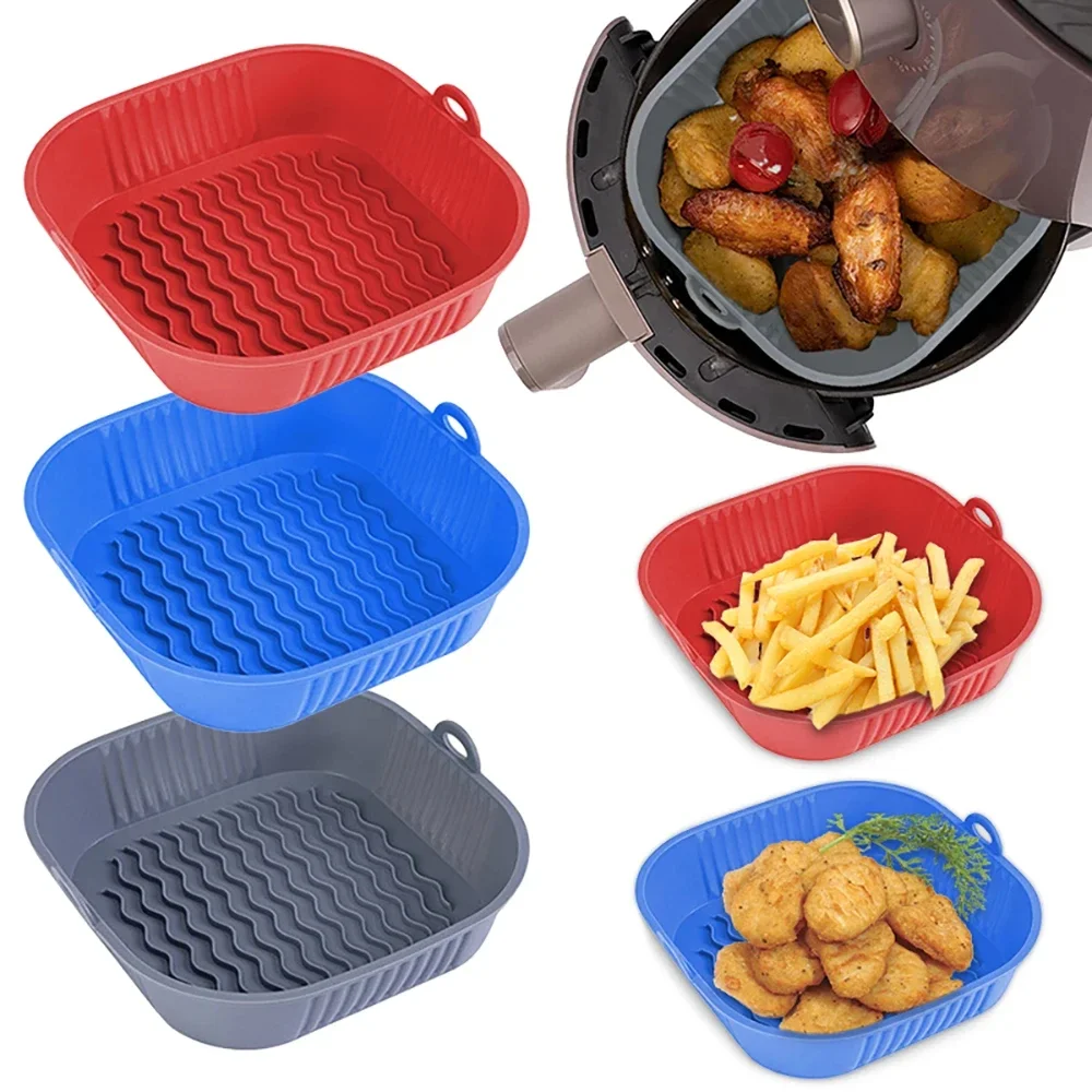 

Silicone Air Fryer Pot Tray Food Safe Reusable Square BBQ Barbecue Pad Plate Airfryer Oven Baking Mold Basket Pan for Kitchen