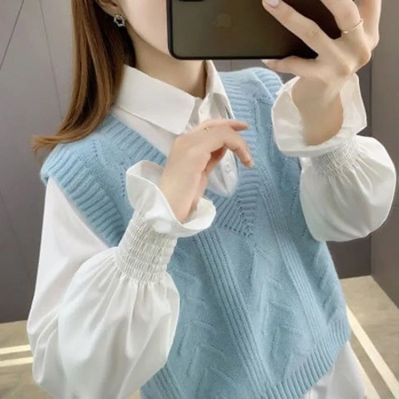 

Women Sweater Vest Shirt Suit New Spring Autumn Women Loose Knitted Sweater Ladies V-Neck Pullover Tops Shirt Female Outerwear