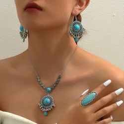 Vintage Jewelry For Woman Turquoise Stone Jewelry Sets Water Drop Shaped Decoration Necklace Earrings Ring Set For Women