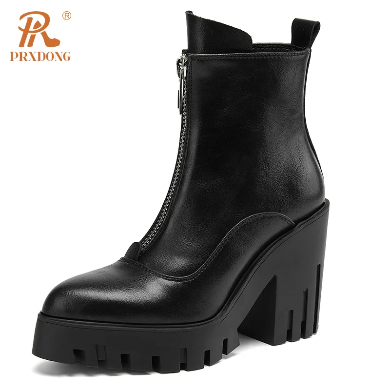 

PRXDONG New Brand Genuine Cow Leather SHoes Woman Ankle Boots Chunky High Heels Platform Black Brown Dress Party Female Size 39