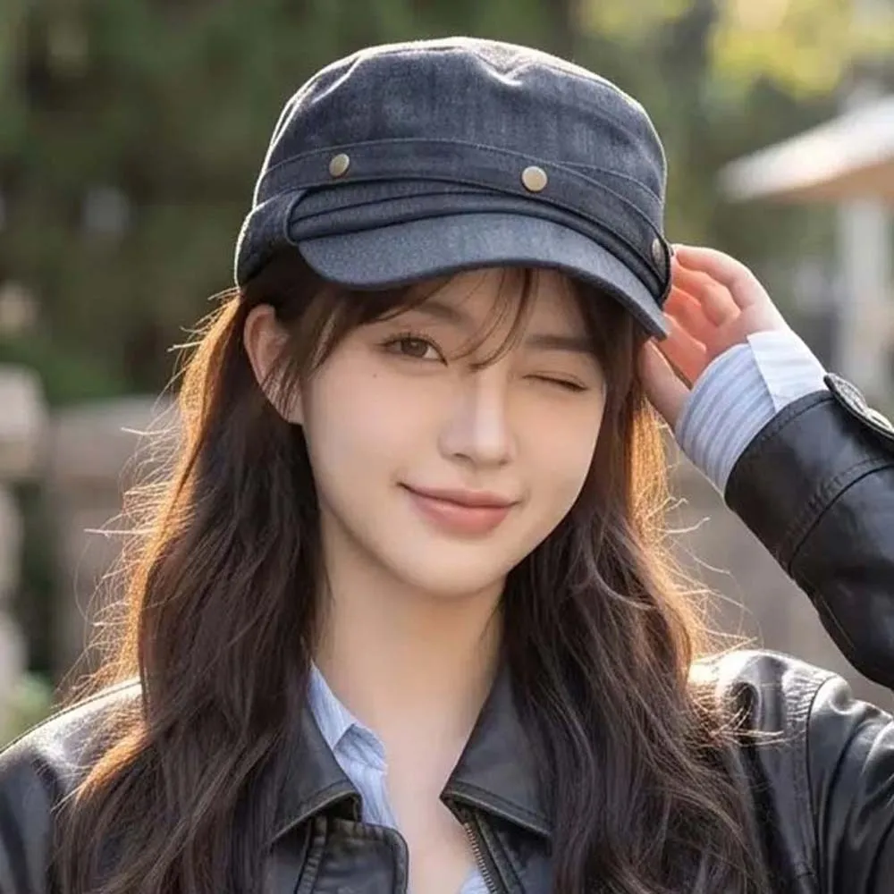 Washed Denim Denim Flat Hat Cross Ribbon Metal Button Retro Equestrian Cap Solid Color Adjustable Strap Rivet Top Cap All Season