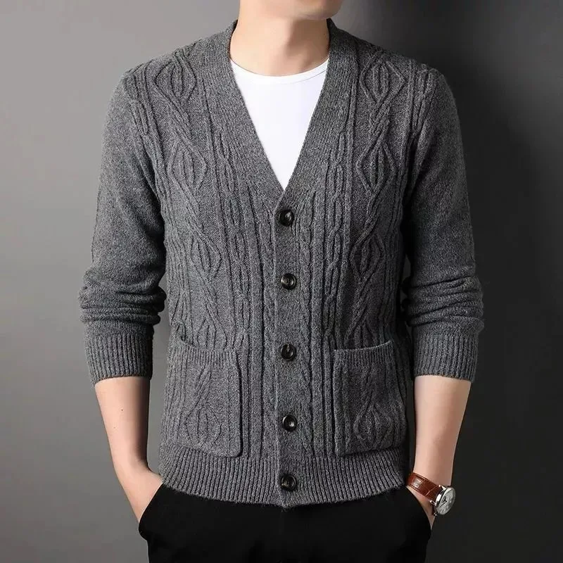 Men's Sweater Thickened New Autumn Winter Wool Knitted Cardigan Young and Middle-aged Solid Color Casual Sweater Jacket