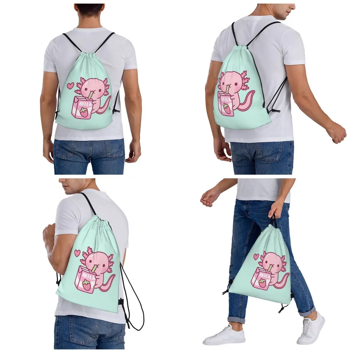 Cute Axolotl Loves Strawberry Milk Doodle Backpacks Casual Drawstring Bags Shoes Bag Book Bags for Travel Students