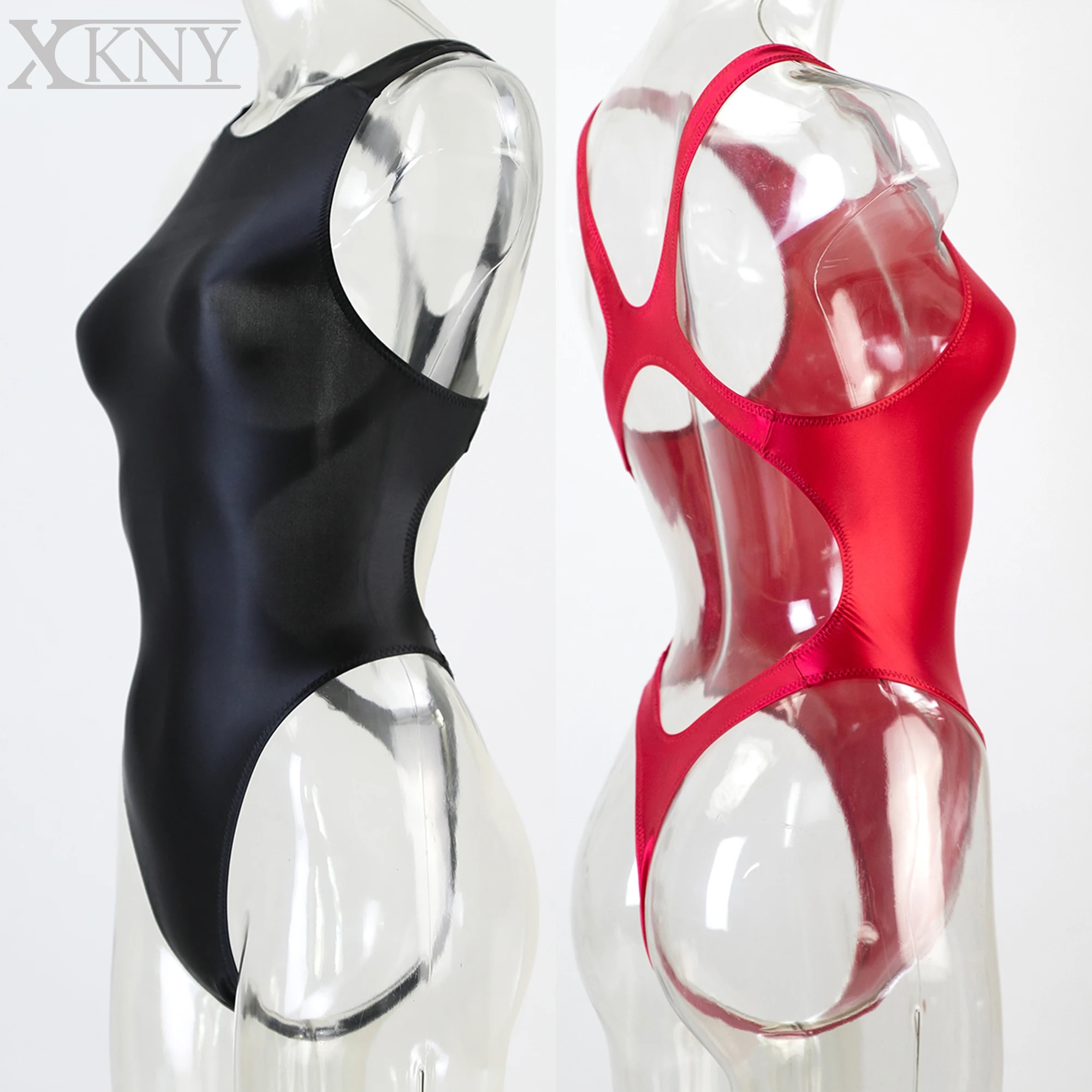 XCKNY One piece T-shaped swimsuit sexy silk smooth tight swimsuit oily high swimsuit solid color glossy Opaque oil swimsuit