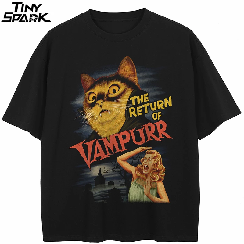 T-Shirt Streetwear Retro Film Vampurr Katze T Shirt Baumwolle Hipster Männer T-shirt Unisex Tops Tees Schwarz Hip Hop Kleidung